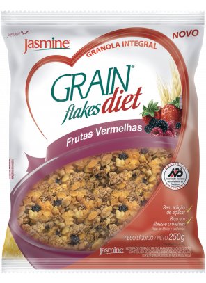 GRANOLA_frutas vermelhas.png - Grain Flakes Diet Frutas VermelhasIngredientes 100% integrais e naturais;Sem adição de açúcar, elaborado com edulcorantes naturais;Certificados Pela Anad;Fonte natural de proteínas, responsáveis pelo crescimento e reparação dos tecidos da pele;Pronto para o consumo;Rico em fibras que auxiliam na regularização do funcionamento intestinal e na redução dos níveis de colesterol e glicose no sangue;Ingredientes: Flocos de aveia, flocos de arroz, fibra e germe de trigo, maltodextrina, óleo de milho, flocos de milho, fibra natural solúvel em pó, morango desidratado, maçã desidratada, ameixa desidratada, gergelim, sal, edulcorantes naturais sorbitol, isomalte, maltitol e glicosídeo de esteviol, corantes naturais de beterraba e urucum, aroma e edulcorante sucralose.CONTÉM GLÚTEN.Disponível nas versões: 250g 